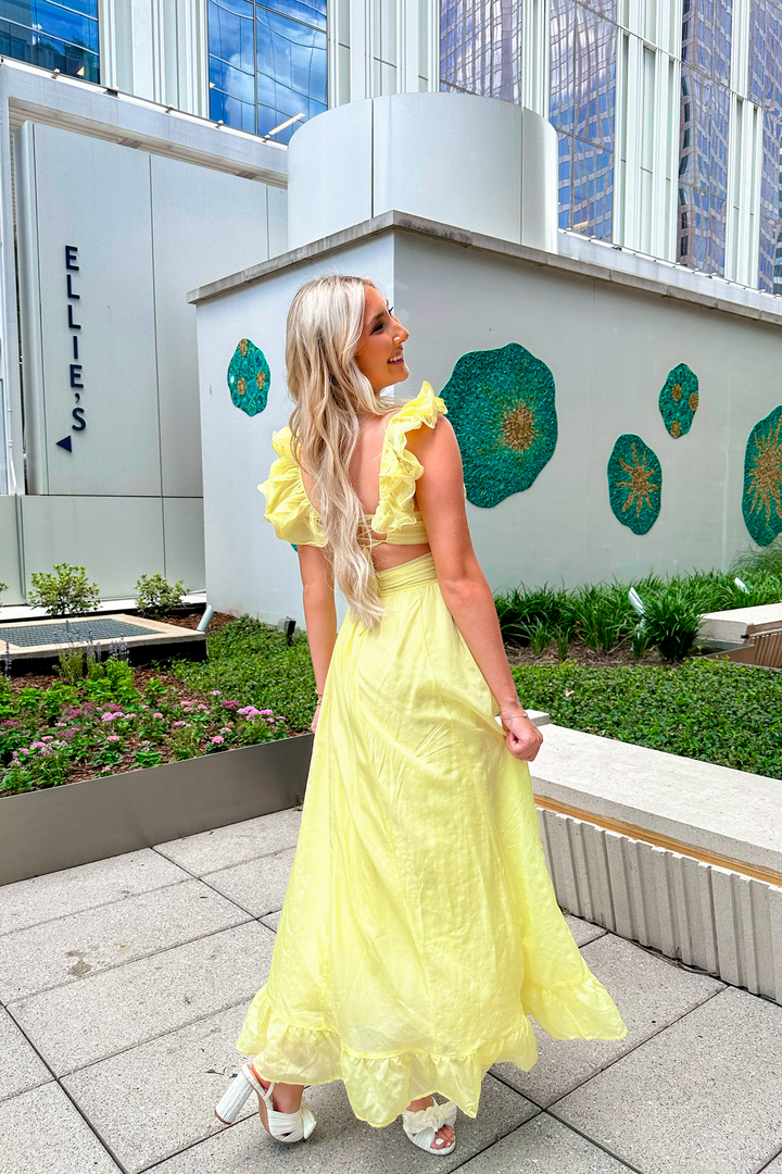 yellow halter neck maxi dress Velvi - Remi Yellow Maxi Dress - Halter Neck, Open Back & Ruffle Detail