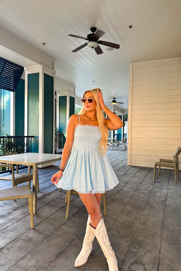 Blue Skies Eyelet Mini Dress Large
