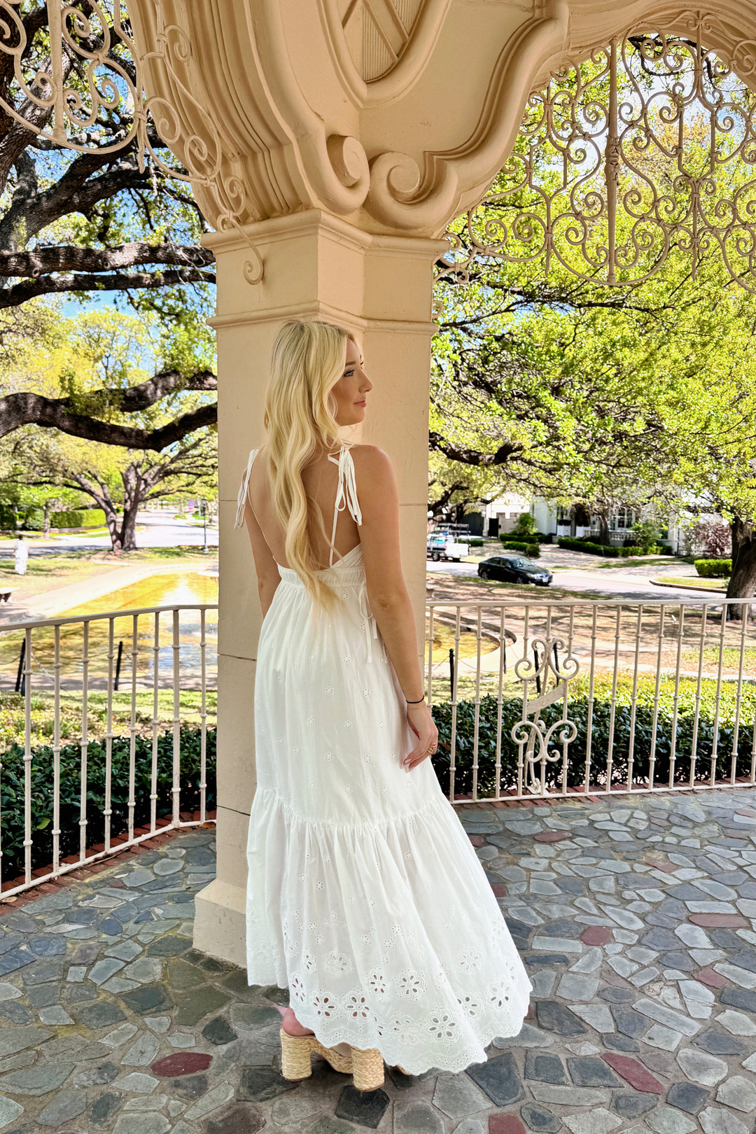 fitted lace wedding dress Isla Eyelet Maxi Dress in White