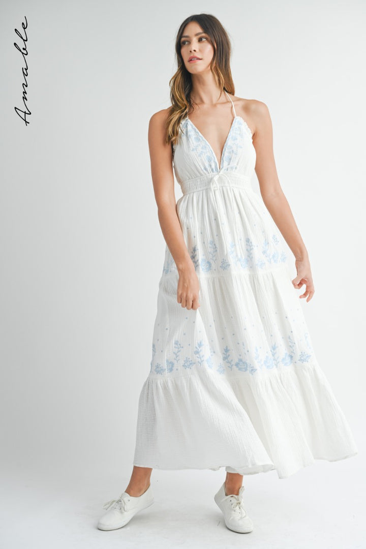 Seaside Maxi Dress Large / White with light blue embroidery