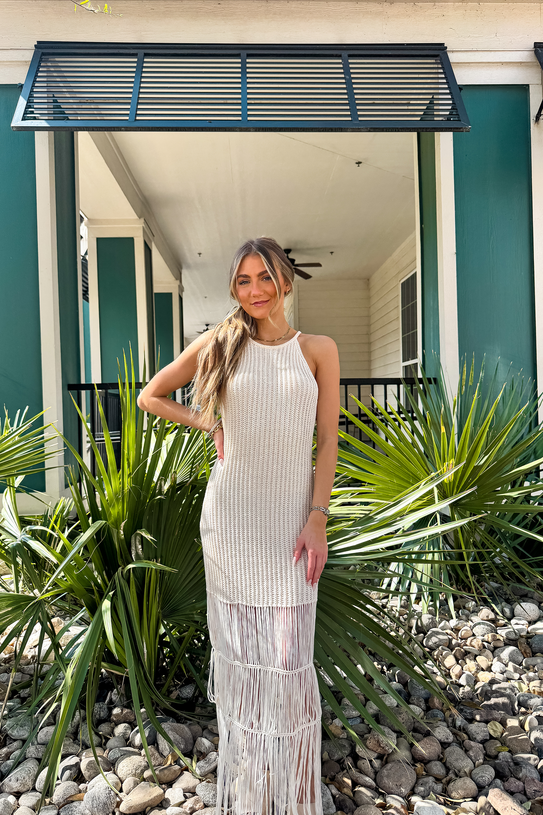 Crochet Knit Halter Fringe Maxi Dress Medium