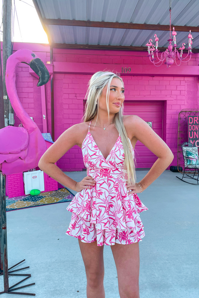 Pink and White Tropical Pront V-Neck romper with bow that can be tied in front or in back.